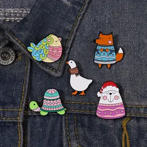 XZ7455-7459 Happy Winter Enamel Pins Custom Bird Cat Fox Turtle Goose Brooches Lapel Badges Animal Sweater Jewelry Gift For Kids