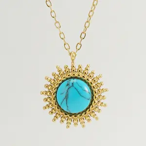 New gemstone blue turquoise round stainless steel pendant titanium steel 18k gold plated necklace