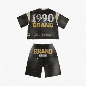 Custom Vintage Distressed Acid Wash Graphic T-shirt and Rhinestone Denim Shorts ,Streetwear Manufacturers T-shirt and Short <b>Set</b> - Product Image 2