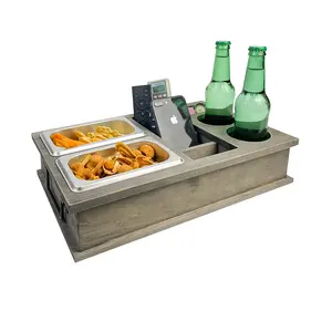 Sofá todo en uno de madera rústica, carrito de aperitivos con Control remoto y soporte para cerveza