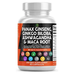 Fornecer etiqueta Panax Ginseng, Ginkgo Biloba, Ashwagandha e Maca RootCapsule. Extrato de raiz de ginseng cápsulas de Panax Ginseng para homem