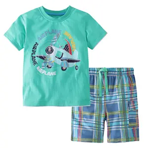 KDY-002 Super Hot Selling Jongens Doek 100% Katoen Gebreide Baby Boy Korte Mouwen T-shirts Met Koord Shorts Outfits Groothandel
