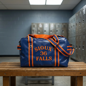 <b>Navy</b> Blue PVC Duffel <b>Bag</b> with Orange Straps, Large Sports Gear Carryall - Product Image 3