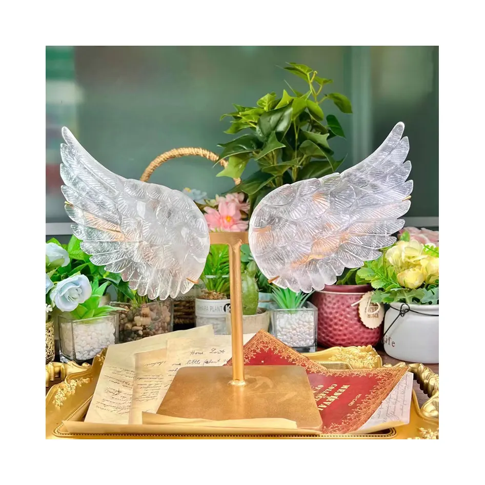 Natural crystal crafts clear quartz angel wings carving white crystal wings clear quartz angel wings Including the base