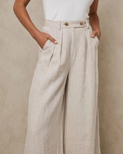 Basso MOQ Logo personalizzato di alta qualità tinta unita <span class=keywords><strong>Beige</strong></span> vestibilità ampia <span class=keywords><strong>pantaloni</strong></span> da donna a gamba larga in <span class=keywords><strong>lino</strong></span> di cotone pieghettato - Product Image 3