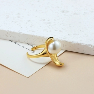 Anillo Abierto de Hoja de Loto Exagerada con Perla Grande, de Oro 18K y Acero Inoxidable Fundido, Joyería al por Mayor SS-066 - Product Image 1