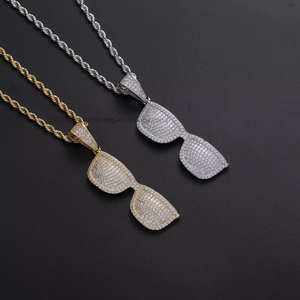 European and American hip hop jewelry, <b>copper</b> inlaid zircon personalized necklace, retro hip hop glasses pendant for men - Product Image 1