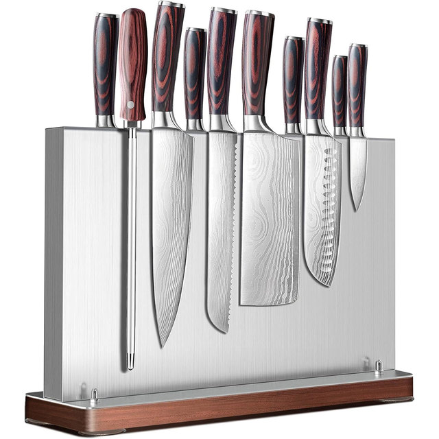 FLYWOD Wholesale Stainless Steel Magnetic Knife Holder Double Sided Magnetic Knife Block Knife Storage Stand with Wood Base