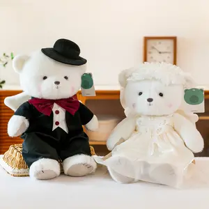 情侣天使泰迪熊Plushie定制毛绒泰迪熊带婚纱装饰婚礼毛绒新娘新郎娃娃