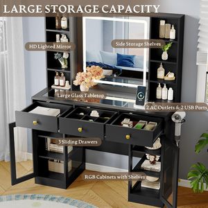 Tocador de Maquillaje Negro con Espejo Iluminado HD y Enchufe, Mesa de Tocador con Tapa de Cristal, Cajones y Armarios, 3 Modos de Iluminación - Product Image 4