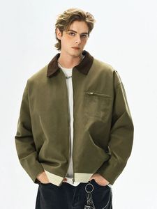 Veste à fermeture éclair à col contrasté en couleur vert olive et brun foncé vintage avec poche - Product Image 1