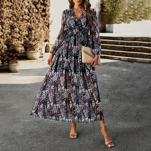 Abiti da ragazza con scollo a v a manica lunga stampati moda autunno abito Swing elegante Chiffon abiti da donna - Product Image 5