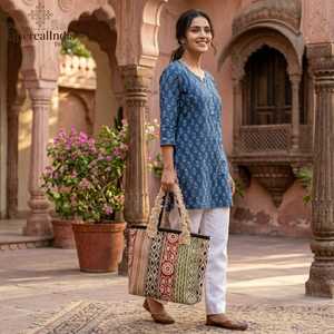 Sac fourre-tout bohème en coton fait main, motif tribal, avec poignée à franges, vente en gros, export Inde - Product Image 2