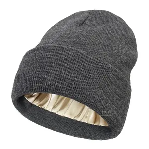 Custom Silk Satin Lining Inside Winter Knitted girls Embroidery Logo Hats Caps Beanie With Satin Silk Lining