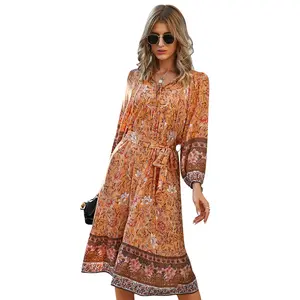 Oem & Odm Hot Sale Casual Damesjurk Bohemian V-Hals Met Bloemenknoop Zevenpunts Mouw Boho-Jurk Met Riemmode