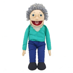 Marioneta de mano personalizada de abuela con boca móvil, marioneta de peluche de señora mayor de cuerpo completo con pelo rizado gris y gafas - Product Image 2