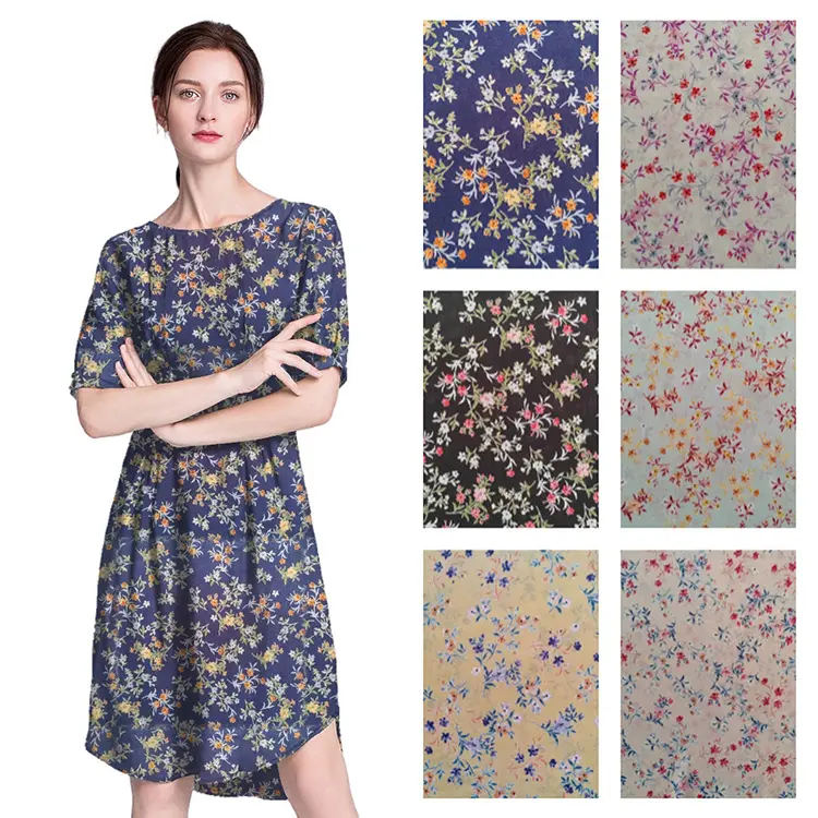 Yumuşak el yapımı çiçek desenleri Polyester viskon elastan kumaş baskılı şifon streç kumaş elbise