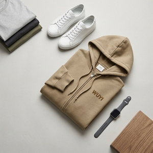 Sudadera con capucha de forro polar grueso para hombre, estilo vintage, oversize, con cremallera, color caqui, con logo personalizado, WUYI, estilo streetwear estético, tendencia 2026 - Product Image 3