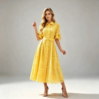 Robe chemise plissée Miyake élégante jaune à broderies florales pour femme, coupe trapèze mi-longue avec ceinture, directement de l'usine