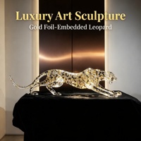 Sculpture de guépard en acrylique transparent avec feuille d'or de luxe intégrée, statue de léopard en mouvement, décoration de bureau et de maison, collection d'art