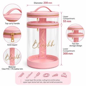 Bolsa de herramientas cilíndrica de PVC para estilista profesional, organizador transparente de doble capa para rizador, peine, cepillo y accesorios de belleza - Product Image 2