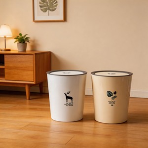 Cylindrical Swing <b>Lid</b> Trash Can Large Capacity Indoor Waste <b>Bin</b> White Khaki Color - Product Image 1