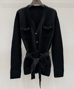 High Quality New <strong>Black</strong> Long <strong>Cardigans</strong> 2025 Autumn Winter Clothes <strong>Lady</strong> V-Neck Beading <strong>Pocket</strong> Patchwork Wool Knitted <strong>Cardigan</strong> Wear - Product Image 1