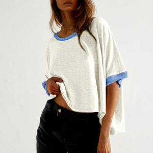 Camiseta de Manga Corta con Cuello Redondo Extra Grande para Mujer, 100% Algodón, Color Sólido, Corte Holgado, Estilo Tejido, para Primavera y Verano - Product Image 1