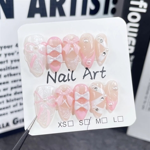 <span class=keywords><strong>Uñas</strong></span> Postizas Color Rosa Dulce para el Día de San Valentín con Diseños de Corazón y Lazo, <span class=keywords><strong>Uñas</strong></span> Acrílicas con Punta Francesa, Forma de Almendra - Product Image 2