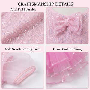 Robe de tutu de ballet pour enfants à manches courtes à paillettes, avec nœud décoratif, jupe en tulle à volants, costume de danse pour filles pour spectacle sur scène - Product Image 2