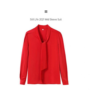 Women's Long Sleeve Shirt Red Solid Color <b>Wrap</b> Tie Office Blouse Polyester Spring Autumn Fashion Top - Product Image 5