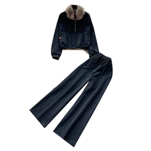 Conjunto de chándal de 2 piezas para mujer de invierno con cuello de piel sintética, sudadera de media cremallera y pantalones de chándal de pierna ancha con cordón, conjunto informal para estar en casa - Product Image 5