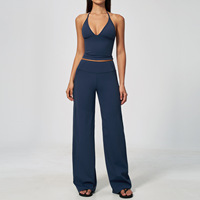 Atasan Crop Top Halter V-Neck Wanita dengan Celana Flare Pinggang Tinggi 2 Potong Set Warna Navy Solid Pakaian Olahraga Yoga Tracksuit
