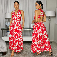 Robe longue maxi pour femme à imprimé floral tropical, col halter, décolleté en V profond, dos nu croisé, taille à nouer, pour les vacances, la plage et les occasions décontractées