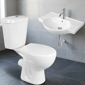 Ensemble de sanitaires de salle de bain en céramique, comprenant une toilette deux pièces et un lavabo mural, fourni par l'usine - Product Image 1