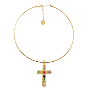 Luxury Shiny Rhinestone Necklace colorful Pendant Women Jewelry Bling Crystal Cross Choker