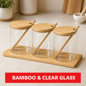 3-delige <span class=keywords><strong>set</strong></span> glazen voorraadpotten met bamboe deksel, houten dienblad & lepels, voor kruiden, thee, koffie, suiker, keukenopbergset - Product Image 2