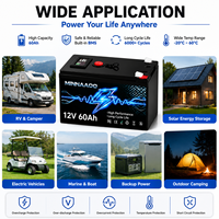 Baterai LiFePO4 12V 60Ah Siklus Dalam untuk Penyimpanan Energi Surya, Cadangan Rumah Off Grid, RV, dan Berkemah