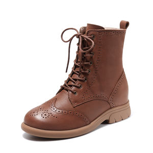 Botas de Piel Vacuna Estilo Británico para Otoño/Invierno, Forro de Piel Suave, Color Marrón, con Cordones y Cierre, Botas Planas de Lujo - Product Image 1