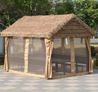 Pavillon Tiki carré en acier thermolaqué, style ferme, avec toit en paille PE imperméable et côtés légers – Direct Usine
