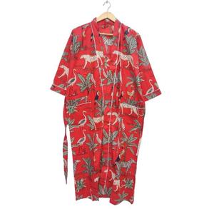 Red Leopard Print Hand Block Printed 100% Cotton Long Sleeve Knee-Length Loungewear <b>Robe</b> with Drawstring Closure - Product Image 3