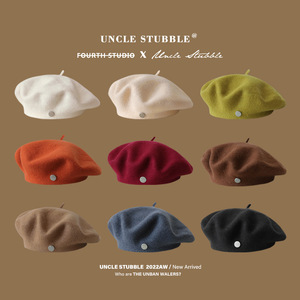 Uncle Stubble <b>Beret</b> Wool Unisex Autumn Winter Windproof Solid Color Artist Hat - Product Image 1