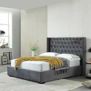 new elegant design velvet fabric bed frames button tufted headboard linen full size solid wood slat up-holstered beds