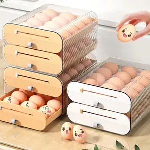 Kitchen Containers Food Plastic Fridge Organizer Auto Rolling Chicken Grid drawer Type 2 Layer Sliding Eggs Storage Box