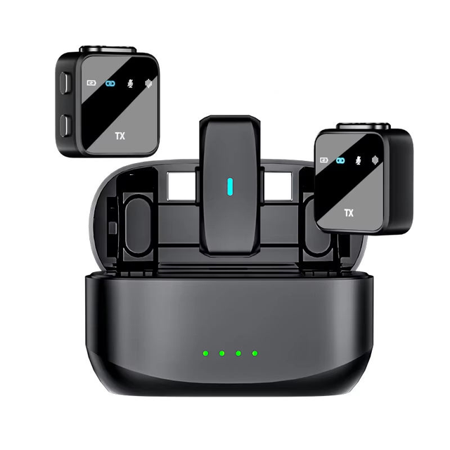 Wireless Omni-directional Lapel Microphone for iPhone Android Video Recording Noise Cancelling LED Lights Charging Case Mini