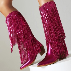 Big Size 48 Women Low Chunky Heels Booties Bling Tassels Cowboy Styles <b>Knee</b> <b>High</b> Boots Paillette Wedges Shoes - Product Image 2
