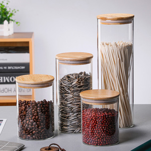kitchen dry glass tank airtight food storage container set glass kitchen storage rack holder cabinet with airtight bamboo lid