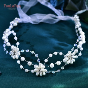 YouLaPan Accesorios para el cabello de cristal para <span class=keywords><strong>boda</strong></span>, tocados de flores de perlas hechos a mano, accesorios para el cabello con diamantes de imitación y cintas HP625 - Product Image 2