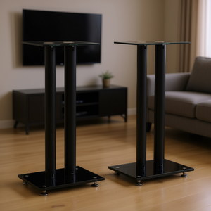 Supporti per Altoparlanti in Vetro Temperato Nero, Design a 2 Pilastri, Sistema Home Theater - Product Image 2