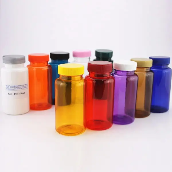 الحيوانات الأليفة 150 مللي الملونة زجاجة بلاستيكية ، زجاجة دواء ، حبة زجاجة مع غطاء ملون